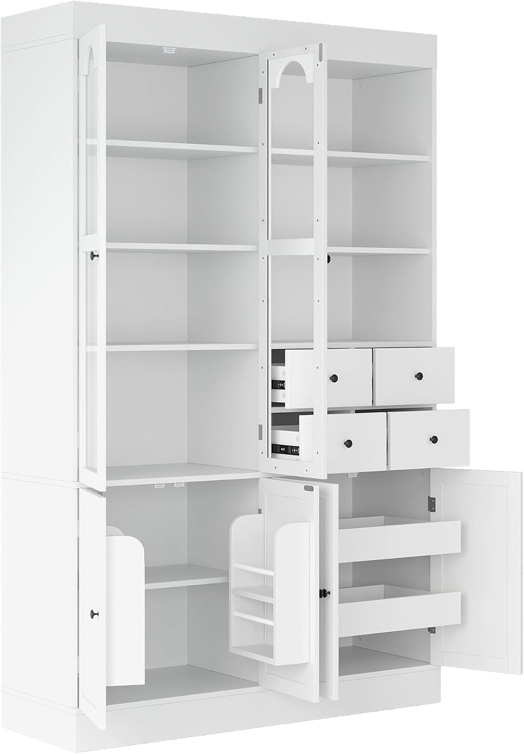 Modern 75inch Tall Kitchen Pantry Storage Cabinet with 4 Drawers, Freestanding Buffet Cabinet with Door Shelves and Pull-Out Trays for Dining Room, Living Room (White/32r)
