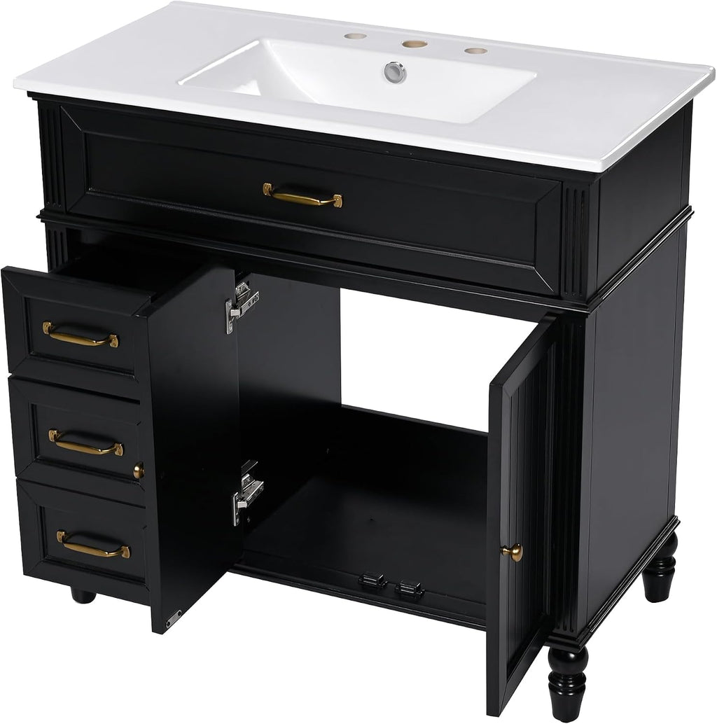 Flieks 36' Bathroom Vanity with Sink, Black Bathroom Cabinet with Drawers, Solid Frame and MDF Board, One Package