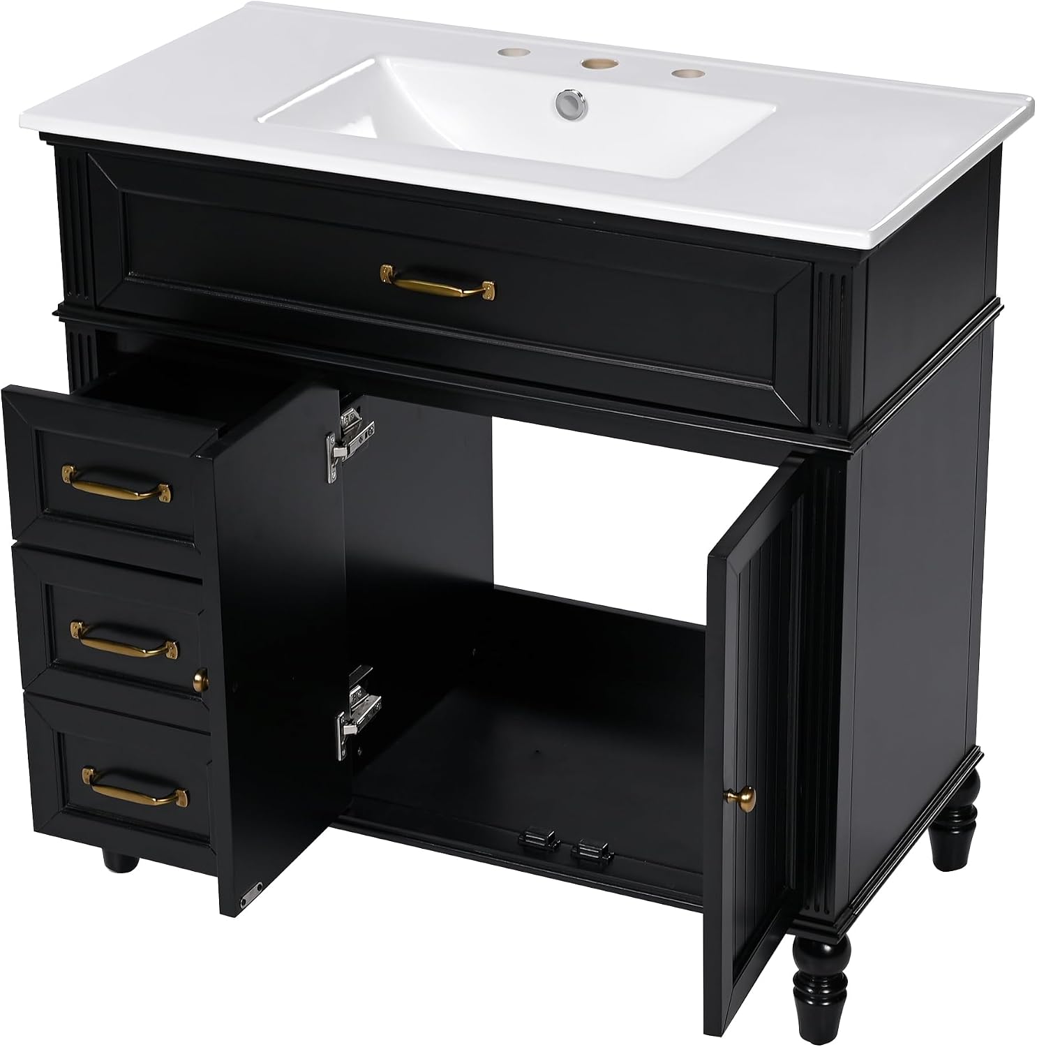 Flieks 36' Bathroom Vanity with Sink, Black Bathroom Cabinet with Drawers, Solid Frame and MDF Board, One Package