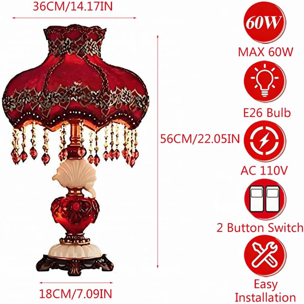 Red Victorian Table Lamp Embroidery Fabric Shade European Style Bedside Lamp W/Beaded Fringe Lace Elegant Princess Desk Lamp Vintage Antique Night Light for Bedroom Living Room Farmhouse