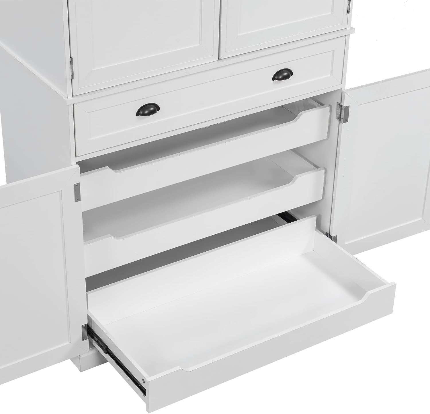 Freestanding 4 Doors Kitchen Pantry, Wood Kitchen Cupboard Storage Cabinet with 6 Door Shelves, Drawer and 3 Pull-Out Trays for Dining Room (White-4.14)
