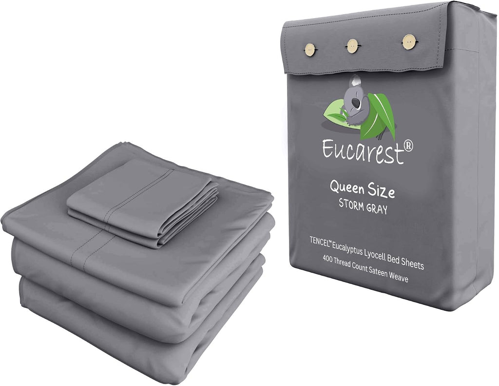 100% Eucalyptus Tencel Bed Sheet Set | Queen Size | Organic | Ultra Soft | Cooling for Hot Sleepers | Hypoallergenic | Thermal Regulating | Deep Pocket | Fits 18' Mattress - Storm Gray