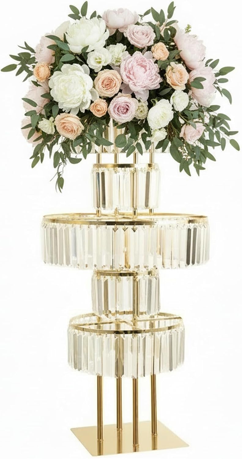 5-Tier Crystal Gold Vase for Centerpiece - Large Wedding Decor Flower Stand, Metal Chandelier Stand with K9 Crystal Pendants, Elegant Flower Display Rack for Party Event Home Wedding Decor (Gold)