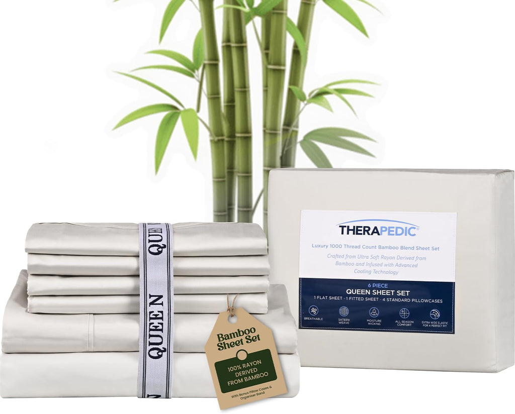 Therapedic Organic Rayon Derived from Bamboo Queen Sheet Set | 1000TC 6-Piece Cooling Sheets Set, 16' Deep Pocket Fitted Sheet, 4 Pillowcases - Ivory