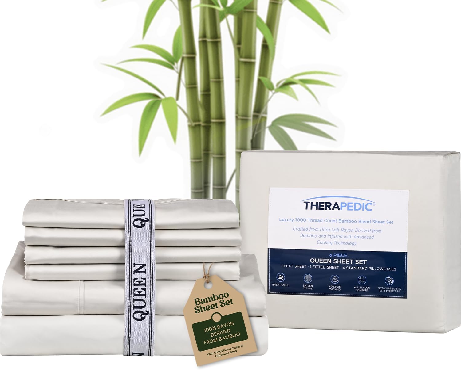 Therapedic Organic Rayon Derived from Bamboo Queen Sheet Set | 1000TC 6-Piece Cooling Sheets Set, 16' Deep Pocket Fitted Sheet, 4 Pillowcases - Ivory