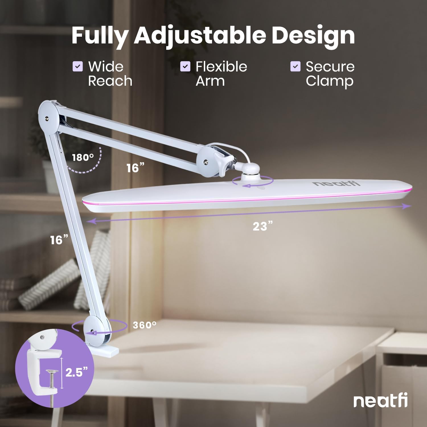 Neatfi XL 2,200 Lumens 24W LED Desk Lamp – 23' Wide Shade | Dimmable Eye-Caring Task Light | Adjustable Arm | Home Office, Study, Crafts & Nail Tech (White with Pink Ring, Non-CCT with Clamp)