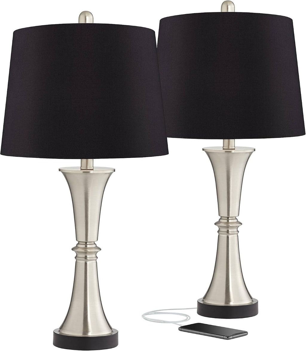 360 Lighting Seymore Modern Table Lamps 26' Tall Set of 2 with USB Charging Port Silver LED Touch On Off Black Faux Silk Drum Shade for Bedroom Living Room House Home Desk Bedside Nightstand