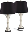 360 Lighting Seymore Modern Table Lamps 26' Tall Set of 2 with USB Charging Port Silver LED Touch On Off Black Faux Silk Drum Shade for Bedroom Living Room House Home Desk Bedside Nightstand