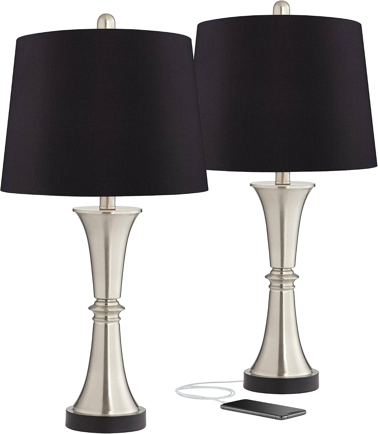 360 Lighting Seymore Modern Table Lamps 26' Tall Set of 2 with USB Charging Port Silver LED Touch On Off Black Faux Silk Drum Shade for Bedroom Living Room House Home Desk Bedside Nightstand