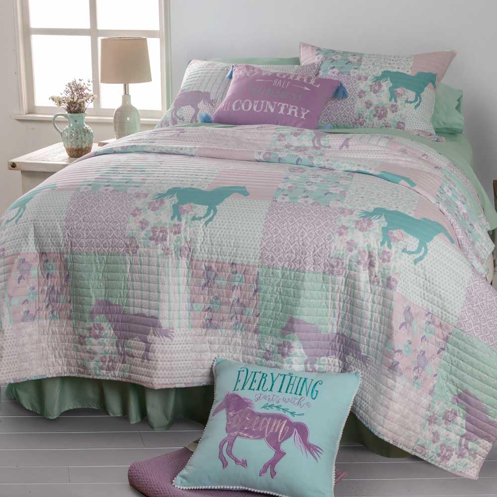 Rod's True Western Cowgirl Princess Pony Patchwork Queen Bed in a Bag – 8 Piece Quilt Bedding Set with Sheets, Shams & Bedskirt, Purple Turquoise Pink