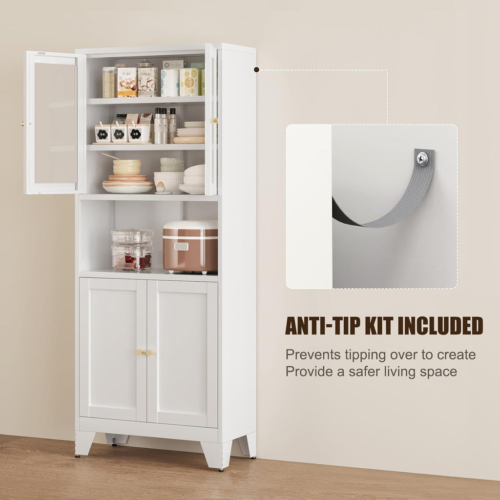 Bevivog 69' Pantry Cabinet,Tall Metal Storage Cabinet with 2 Glass Doors, Freestanding Display Cupboard Tall Bathroom Linen Cabinets with 5 Shelves Storage for Living Room Kitchen Pantry