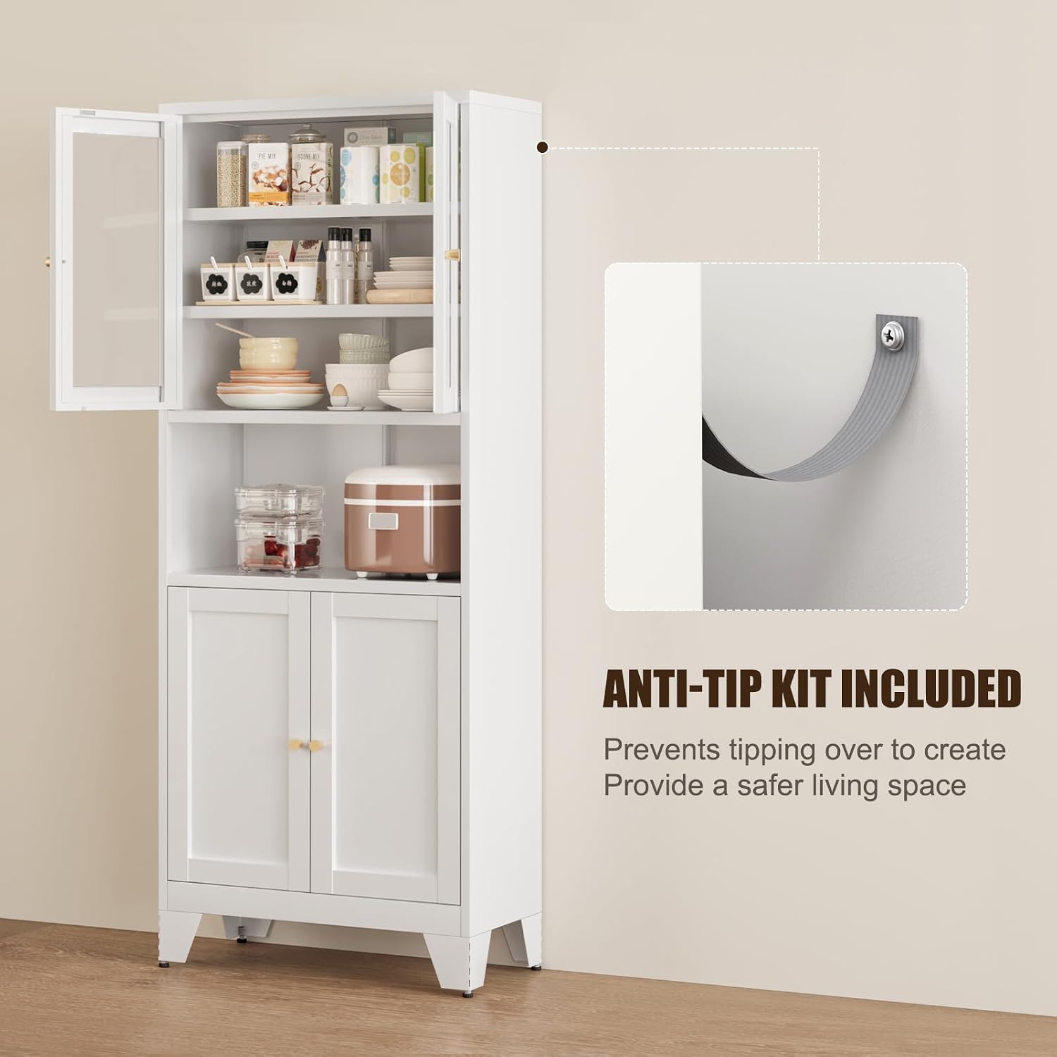 Bevivog 69' Pantry Cabinet,Tall Metal Storage Cabinet with 2 Glass Doors, Freestanding Display Cupboard Tall Bathroom Linen Cabinets with 5 Shelves Storage for Living Room Kitchen Pantry