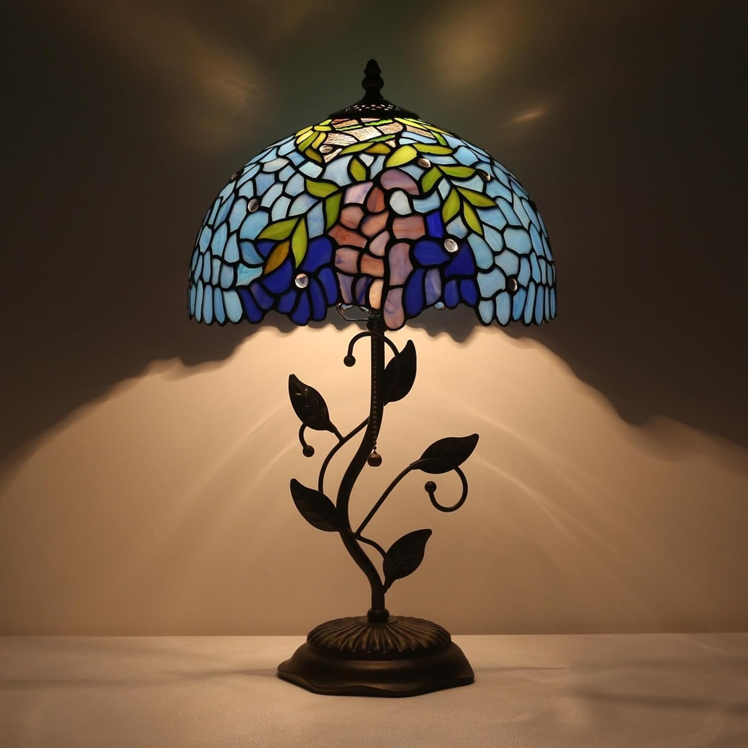 Tiffany Table Lamp, Stained Glass Wisteria Style, 12x12x19 Inch, Metal Leaf Base Decor Lamp for Bedroom, Living Room, Home, Office