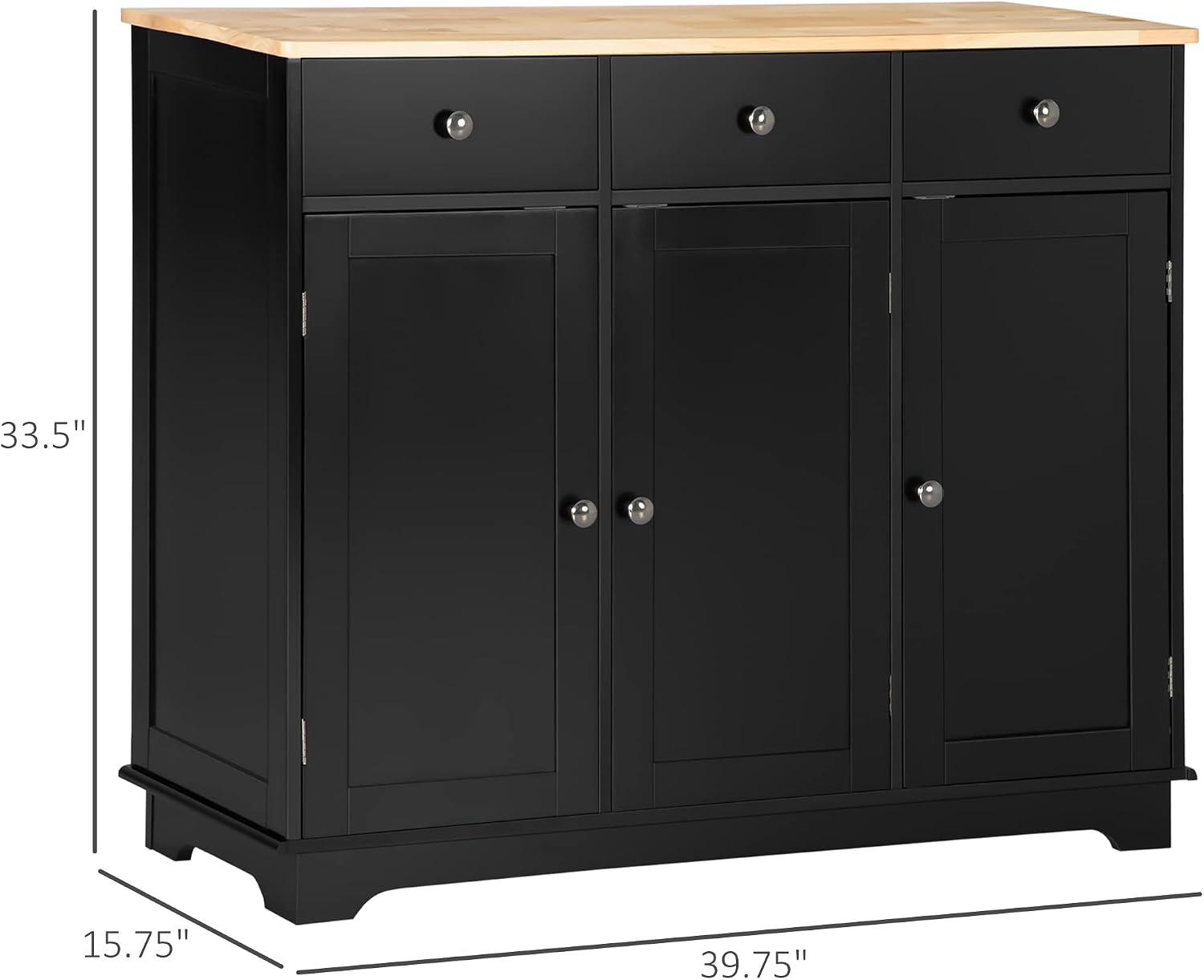HOMCOM Sideboard Buffet Cabinet with Solid Wood Countertop, Modern Kitchen Storage Cabinet, Coffee Bar Cabinet with 3 Drawers, Doors and Adjustable Shelf, Black