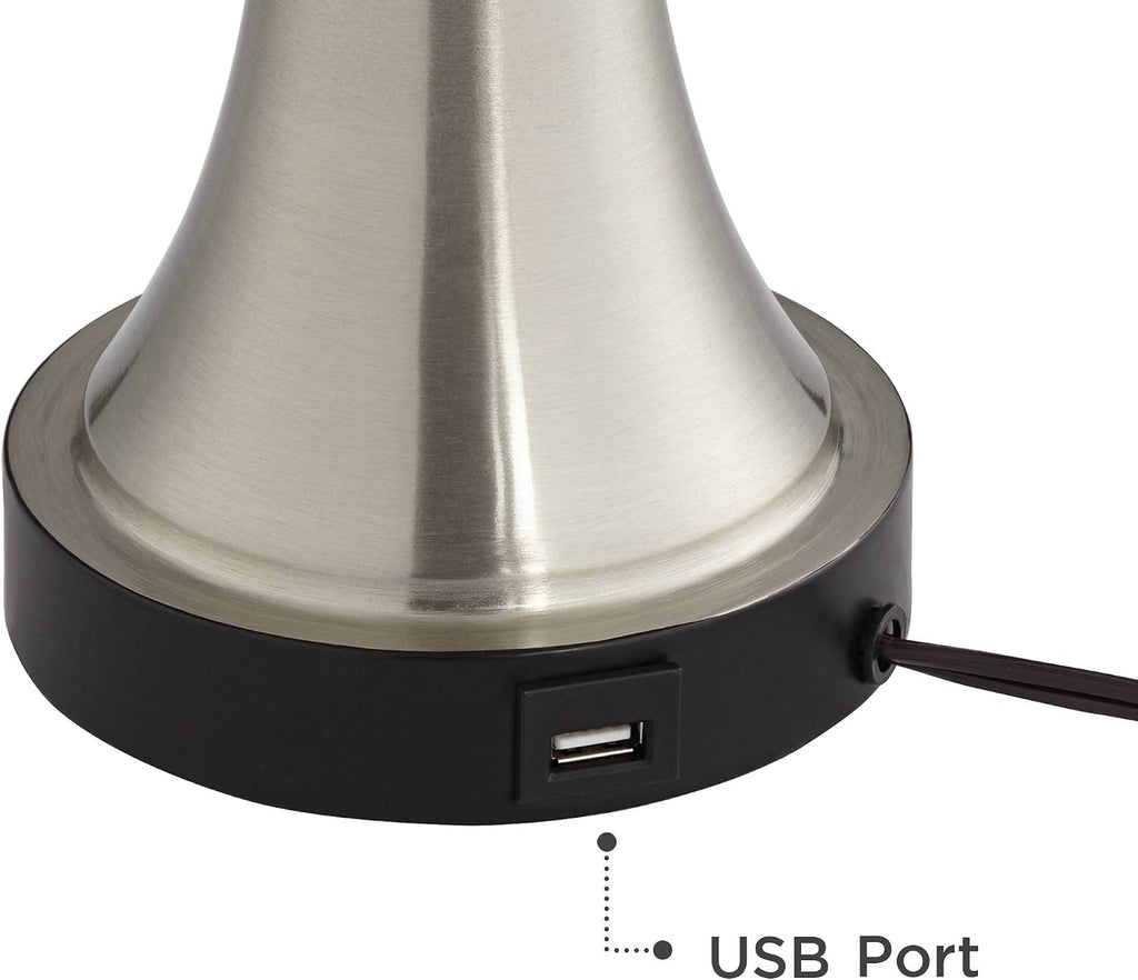 360 Lighting Seymore Modern Table Lamps 26' Tall Set of 2 with USB Charging Port Silver LED Touch On Off White Drum Shade for Bedroom Living Room House Home Desk Bedside Nightstand Office