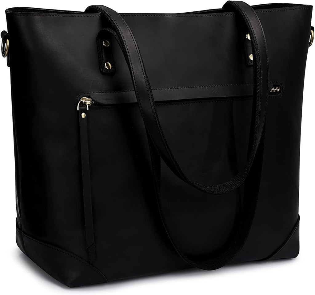 S-ZONE Vintage Genuine Leather Shoulder Bag Work Totes for Women Purse Handbag with Back Zipper Pocket Large