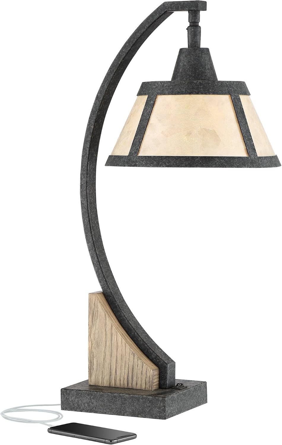 Franklin Iron Works Oak River 22' High Rustic Farmhouse Desk Table Lamp with USB Charging Ports A+C and AC Power Outlet in Base Gray Wash Mica Shade Living Room Bedroom House Bedside Nightstand Home