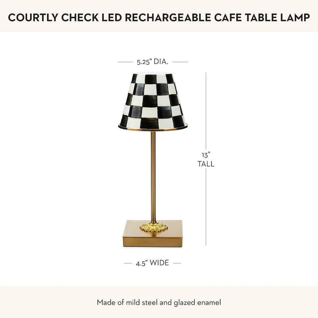 MACKENZIE-CHILDS LED Rechargeable Cafe Table Lamp, Cordless Decorative Lamp, Black-and-White Courtly Check