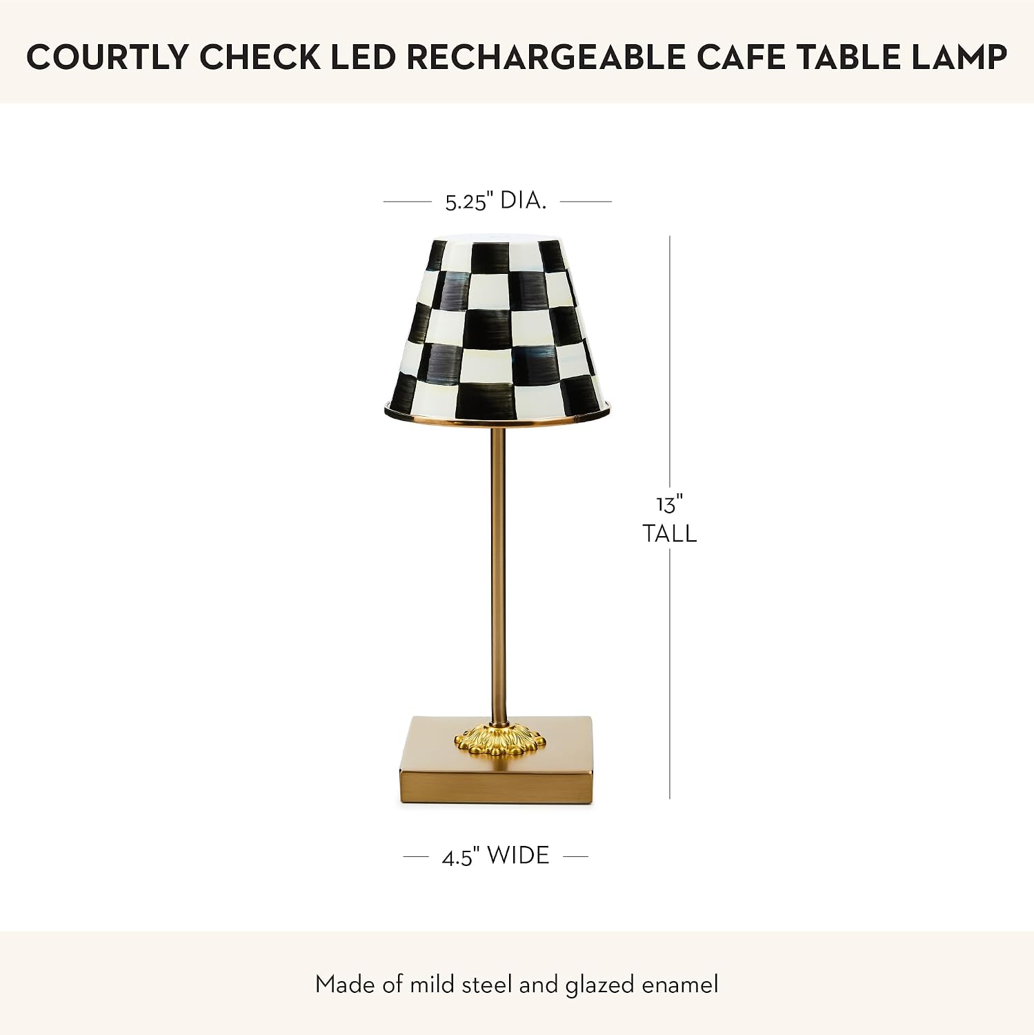 MACKENZIE-CHILDS LED Rechargeable Cafe Table Lamp, Cordless Decorative Lamp, Black-and-White Courtly Check