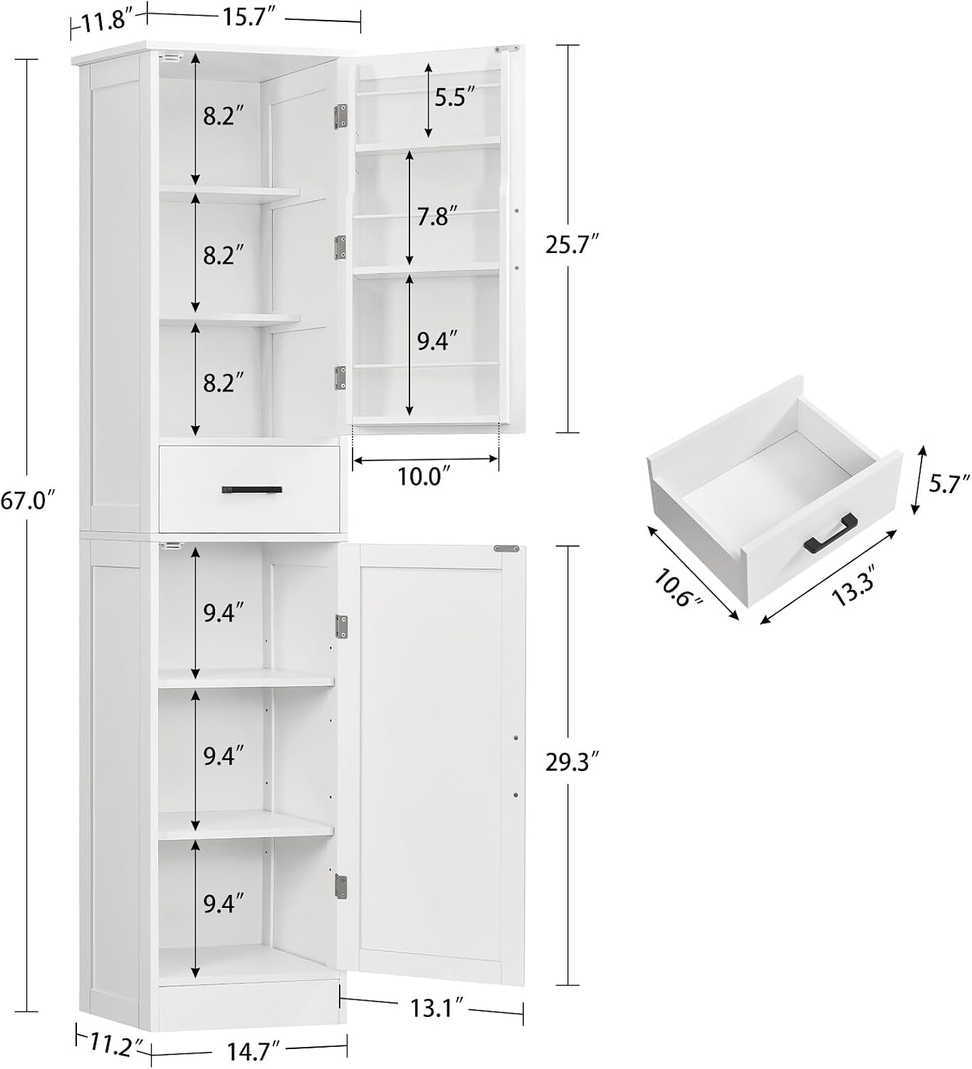 TEENFON Tall Storage Cabinet with 3 Door Shelves & 1 Drawer, Narrow Kitchen Pantry Cabinet for Living Room, Bathroom, Entryway, White