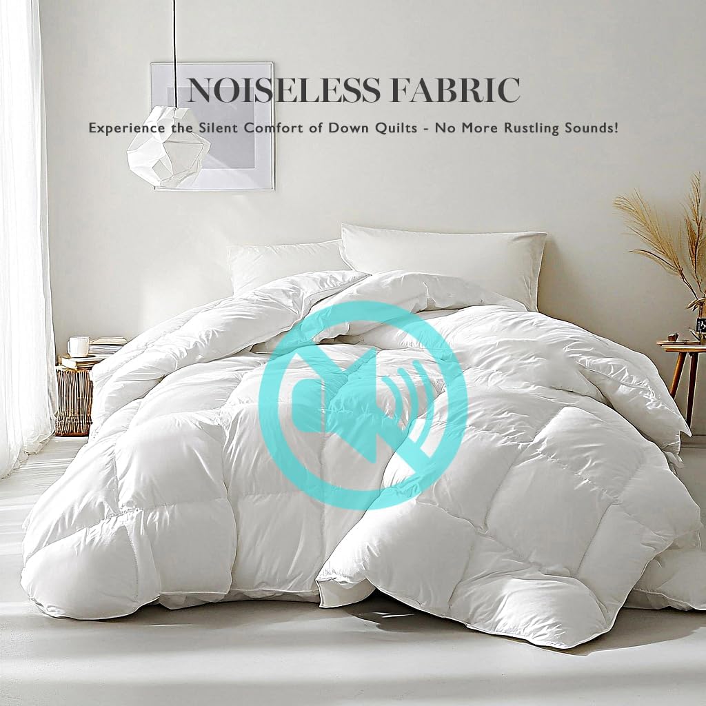 Martha Stewart White Goose Feather Down Fiber Comforter Queen Size- All Season Duvet Insert, Noiseless Fabric with 51oz Filled Luxury Cloud Fluffy Bed Comforter with 8 Corner Loops, White 90x90inch
