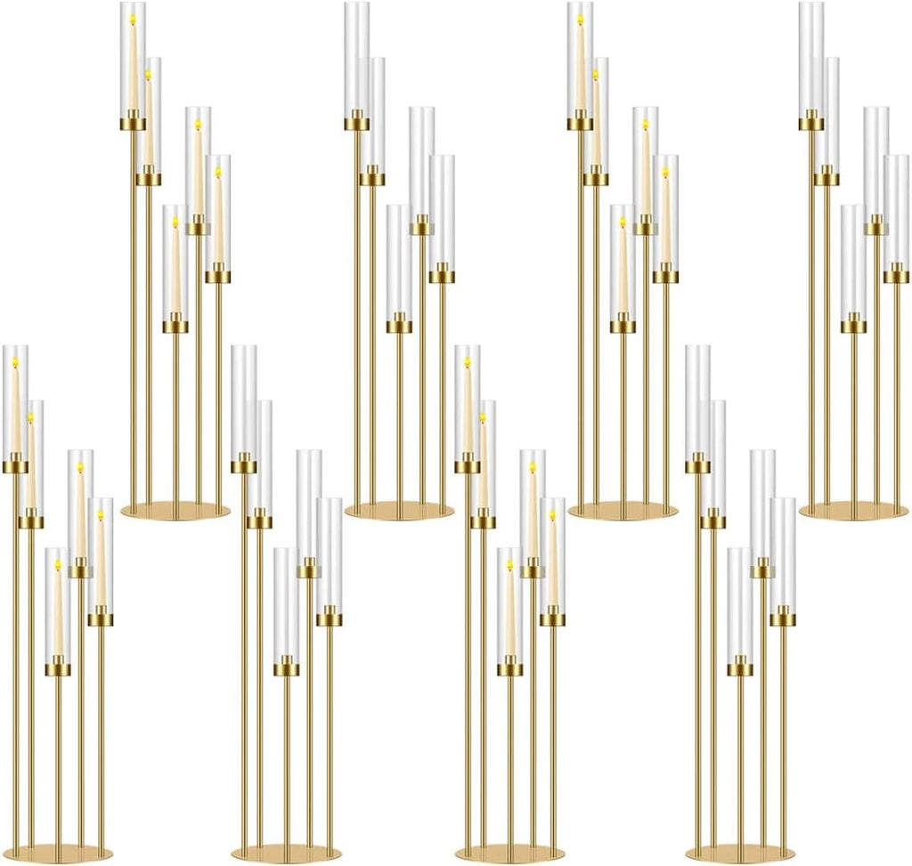 42.5in Gold Candelabra Centerpieces for Tables Candlestick Holders Decor Wedding Centerpiece Table Decorations 5 arm Candle Holder Set of 8 Acrylic lampshade Fit 0.9' LED Candle