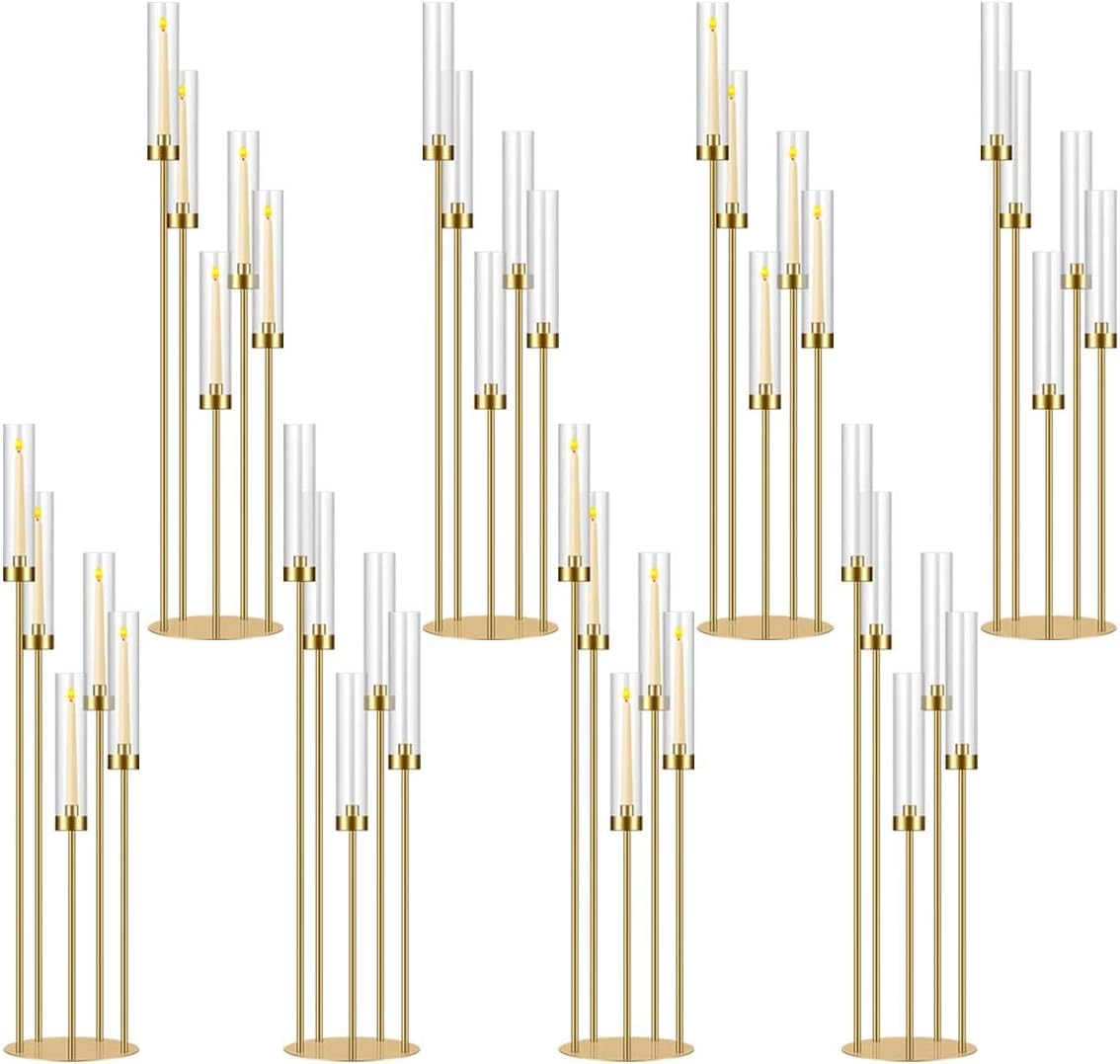 42.5in Gold Candelabra Centerpieces for Tables Candlestick Holders Decor Wedding Centerpiece Table Decorations 5 arm Candle Holder Set of 8 Acrylic lampshade Fit 0.9' LED Candle