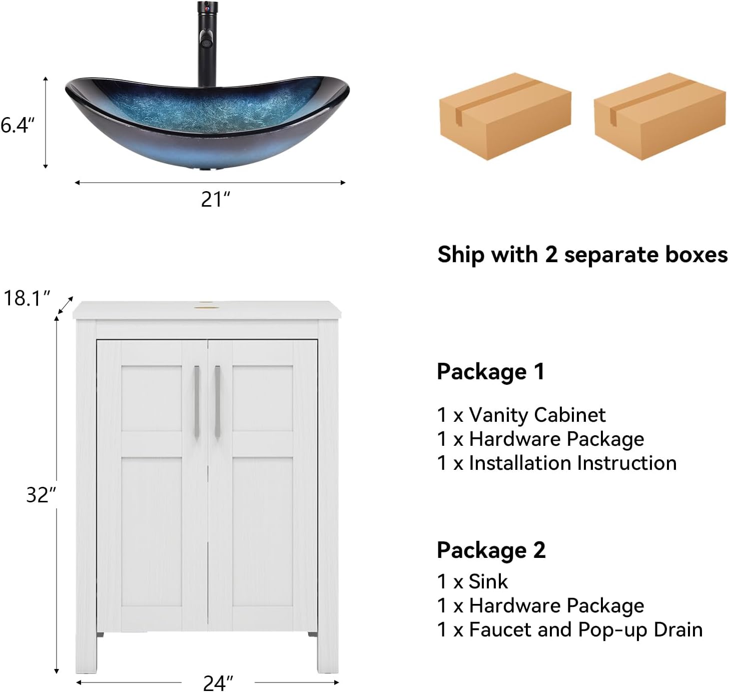 YOURLITE 24' Bathroom Vanity with Sink, White Bathroom Vanity and Sink Combo with Faucet & Pop Up Drain Set,Traditional Vanity with Blue Glass Bowl Bathroom Sink