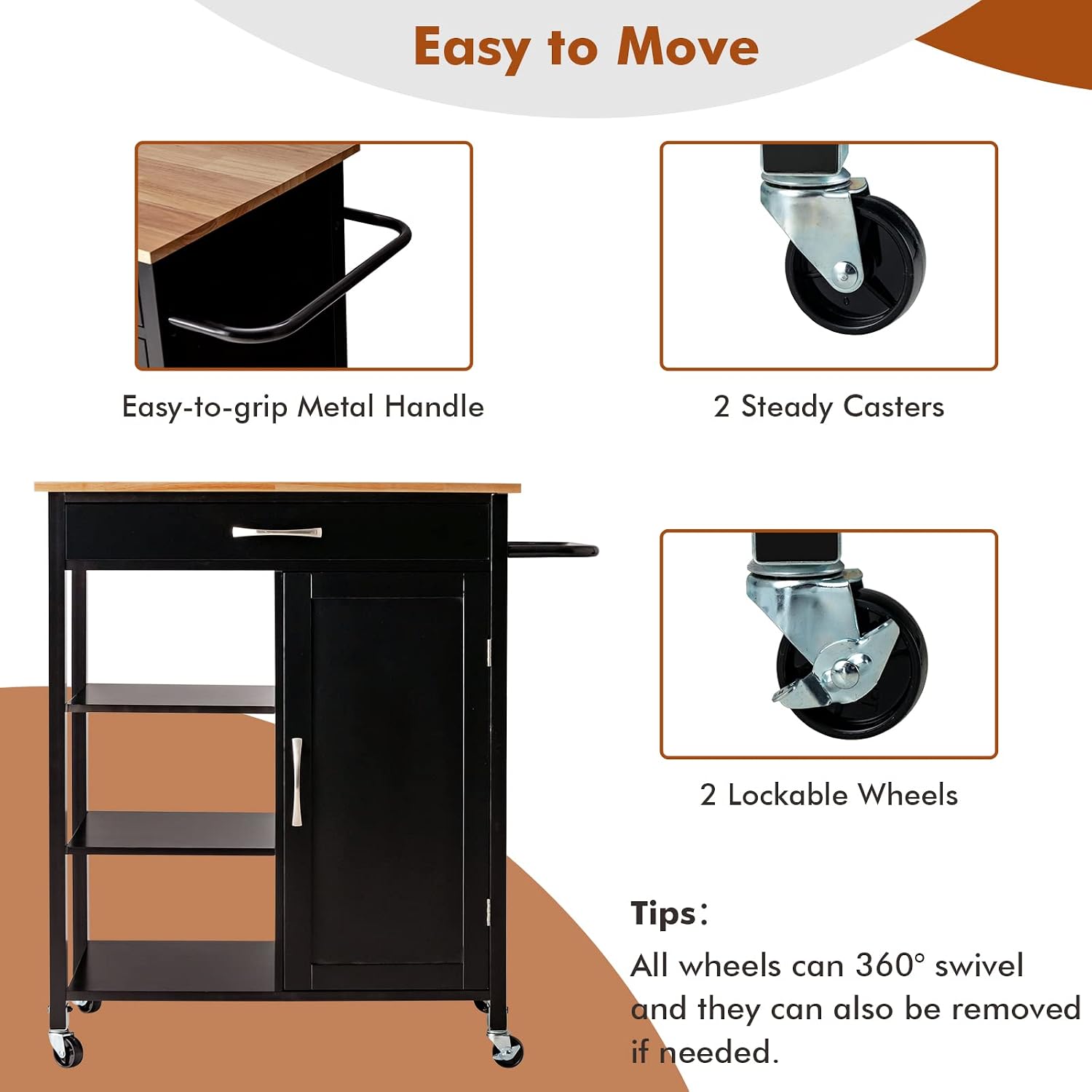 Giantex Kitchen Island - Mobile Kitchen Cart on Wheels, 1-Door Storage Cabinet, Large Drawer, 3 Tier Shelves, Rubber Wood Countertop, Towel Handle, Rolling Serving Cart for Dining Room Bar (Brown)