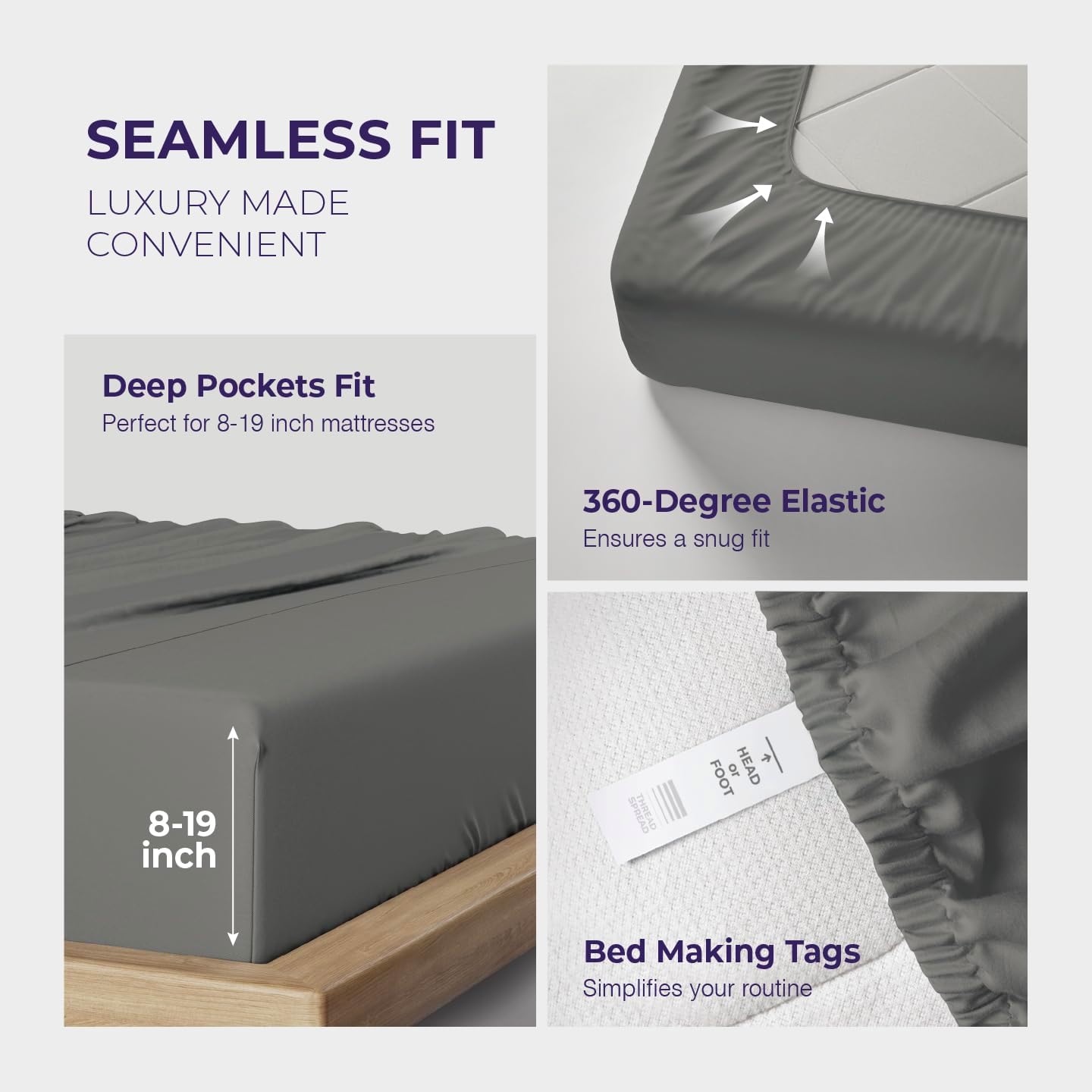 THREAD SPREAD 100% Egyptian Cotton King Sheet Set - 2000 Series Grandeur Collection Luxury Sheets King Size Bed Set (4 PC, Dark Grey) Soft Cooling Sateen 17 Inch Extra Deep Pocket Hotel Sheets