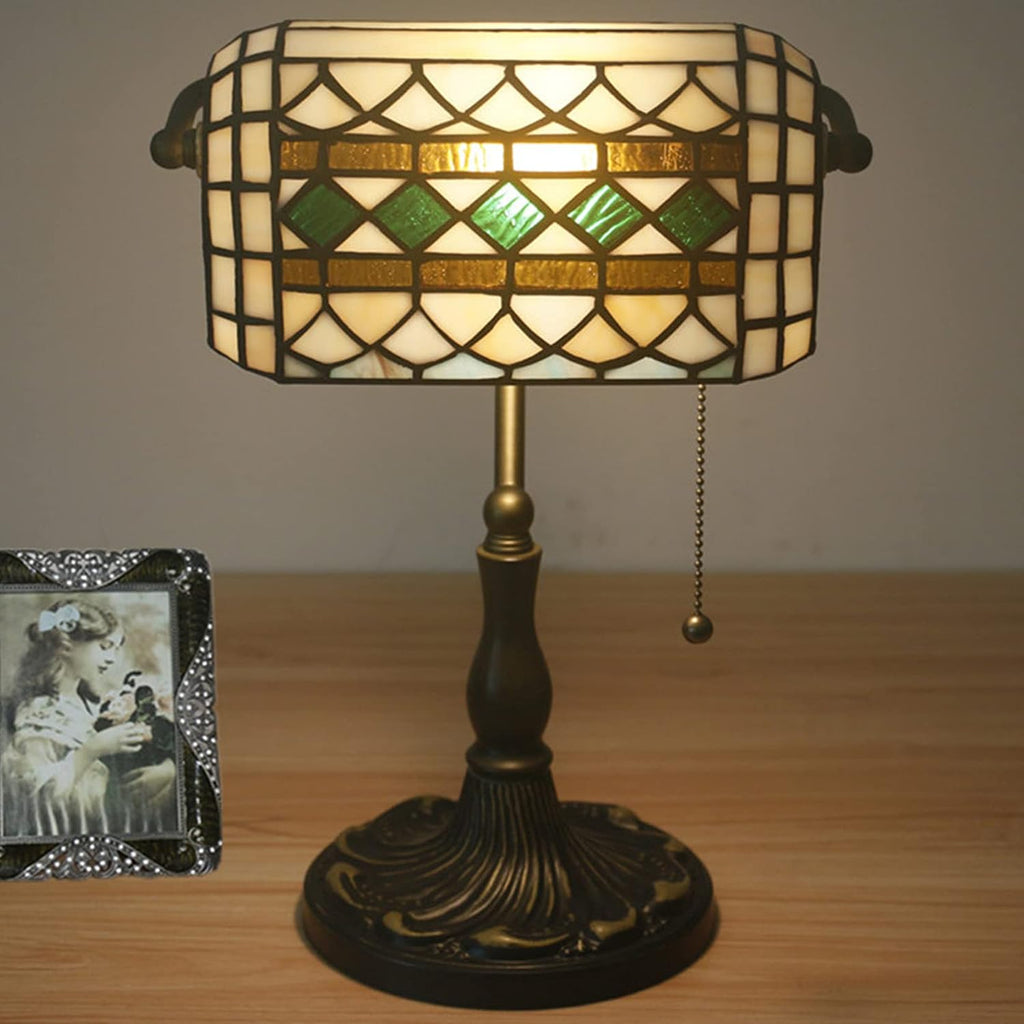 Tiffany Style Bankers Table Lamp Stained Glass Piano Desk Lamp Vintage Bedroom Bedside Lamp for Study,Antique Alloy Base,Zipper Switch,Green e