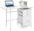Tangkula White Folding Desk with 3 Drawers, Mobile Home Office Desk Study Writing Desk with Smooth Wheels, Space Saving Compact Table for Dorm Apartment, Rolling Couch Desk Table