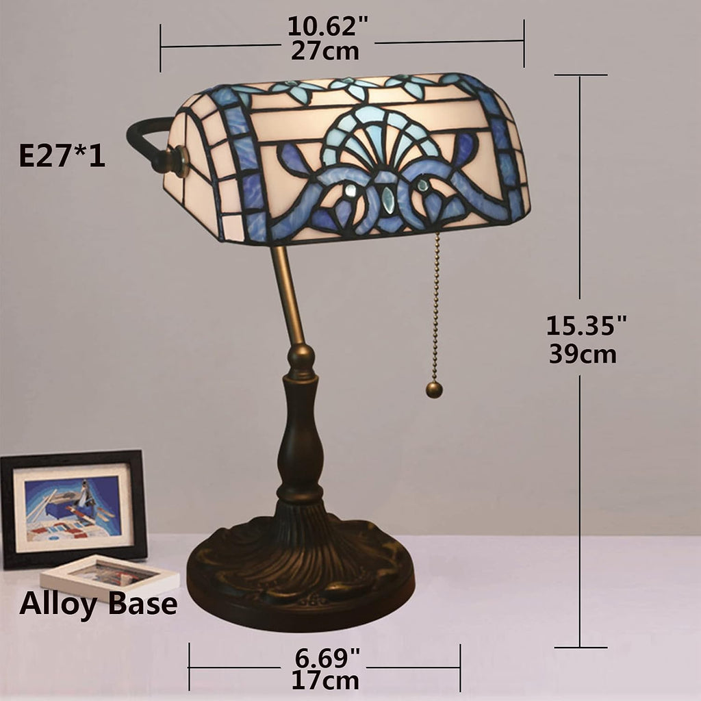 Tiffany Style Bankers Table Lamp Stained Glass Piano Desk Lamp Vintage Bedroom Bedside Lamp for Study,Antique Alloy Base,Zipper Switch,Blue Baroque