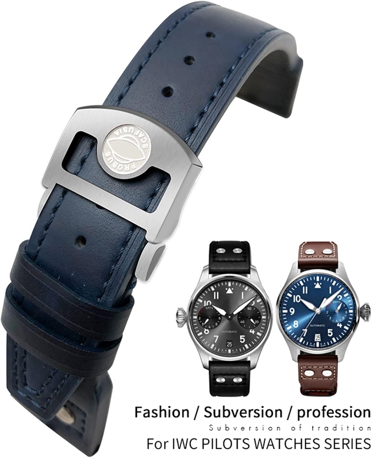 20mm 21mm 22mm Rivet Calfskin Leather Watch Band Fit for IWC Big Pilot IW5009 Spitfire IW3777 Le Petit Prince Mark Strap (Color : Blue, Size 22mm)