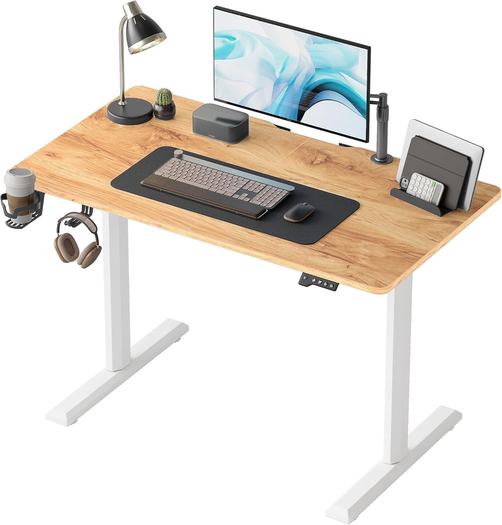FEZIBO Height Adjustable Electric Standing Desk, 44 x 24 Inches Stand up Table, Sit Stand Home Office Desk with Splice Board, Light Rustic Brown