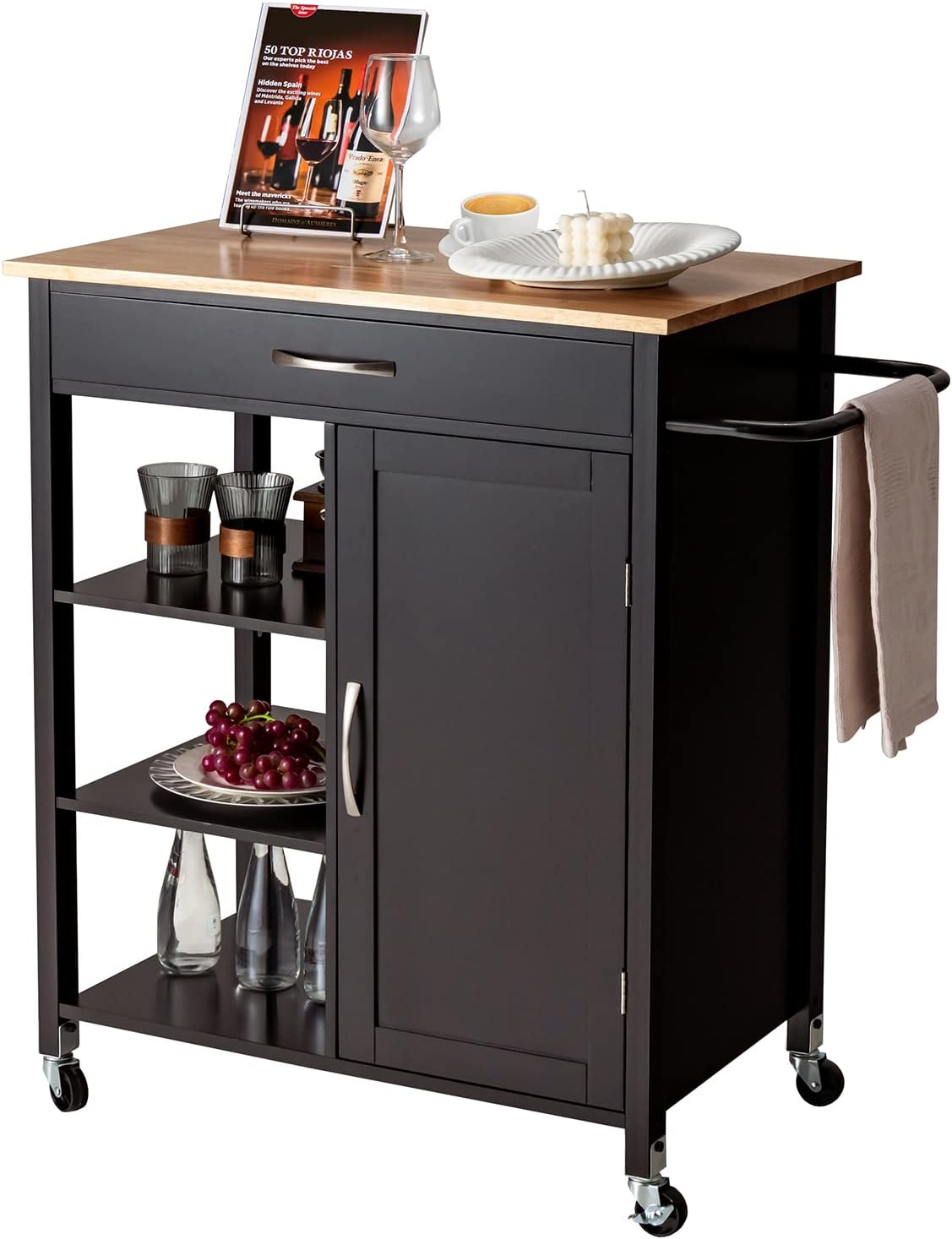 Giantex Kitchen Island - Mobile Kitchen Cart on Wheels, 1-Door Storage Cabinet, Large Drawer, 3 Tier Shelves, Rubber Wood Countertop, Towel Handle, Rolling Serving Cart for Dining Room Bar (Brown)