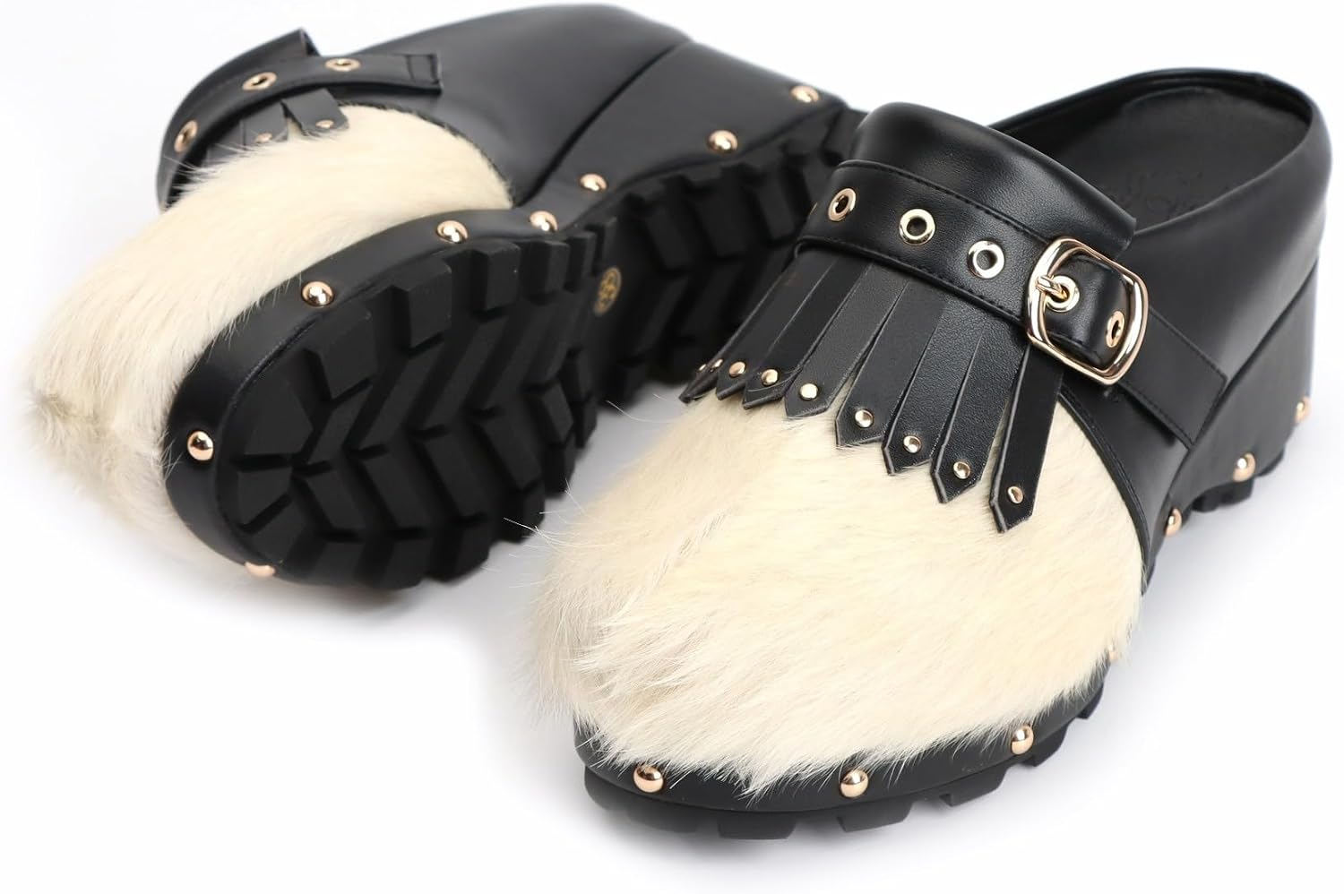 XOBZJH Women's Cowhide Platform Clogs – Calf Hair & Leather Patchwork Mules with Rivets, Arch Support, Memory Foam Insole, Chunky Western Mules for All-Day Comfort