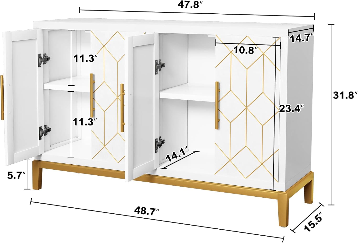 HLR Accent Cabinet with 4 Doors&Shelves, Sideboard Buffet Cabinet with Gold Trim, Modern White Storage for Living Room, Entryway, Kitchen, Dining Room, Hallway