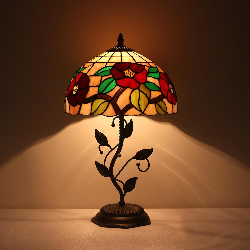 Tiffany Table Lamp, Stained Glass Crabapple Flower Design, with Metal Leaf Base, 12x12x19 Inch for Bedroom, Living Room, Home, Office