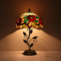 Tiffany Table Lamp, Stained Glass Crabapple Flower Design, with Metal Leaf Base, 12x12x19 Inch for Bedroom, Living Room, Home, Office