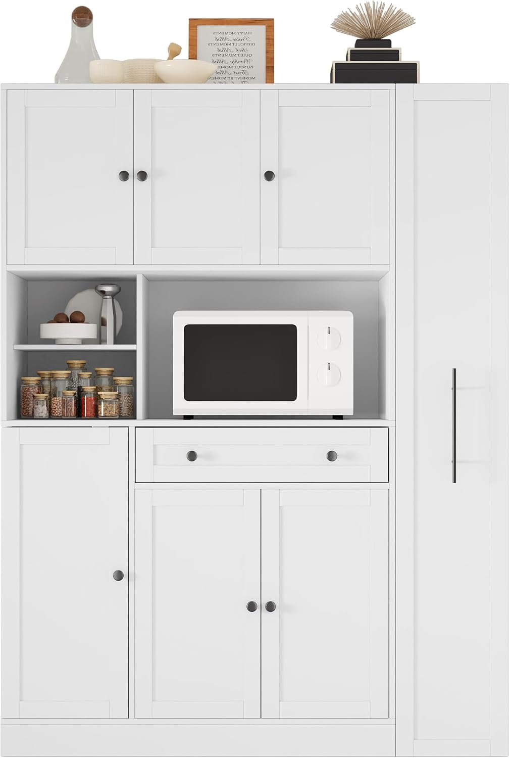 Modern 70inch Kitchen Pantry Storage Cabinet Cupboard with Hutch, Freestanding Buffet with Pull-Out Side Cabinet and Drawer for Living Room, Kitchen (White-99a)