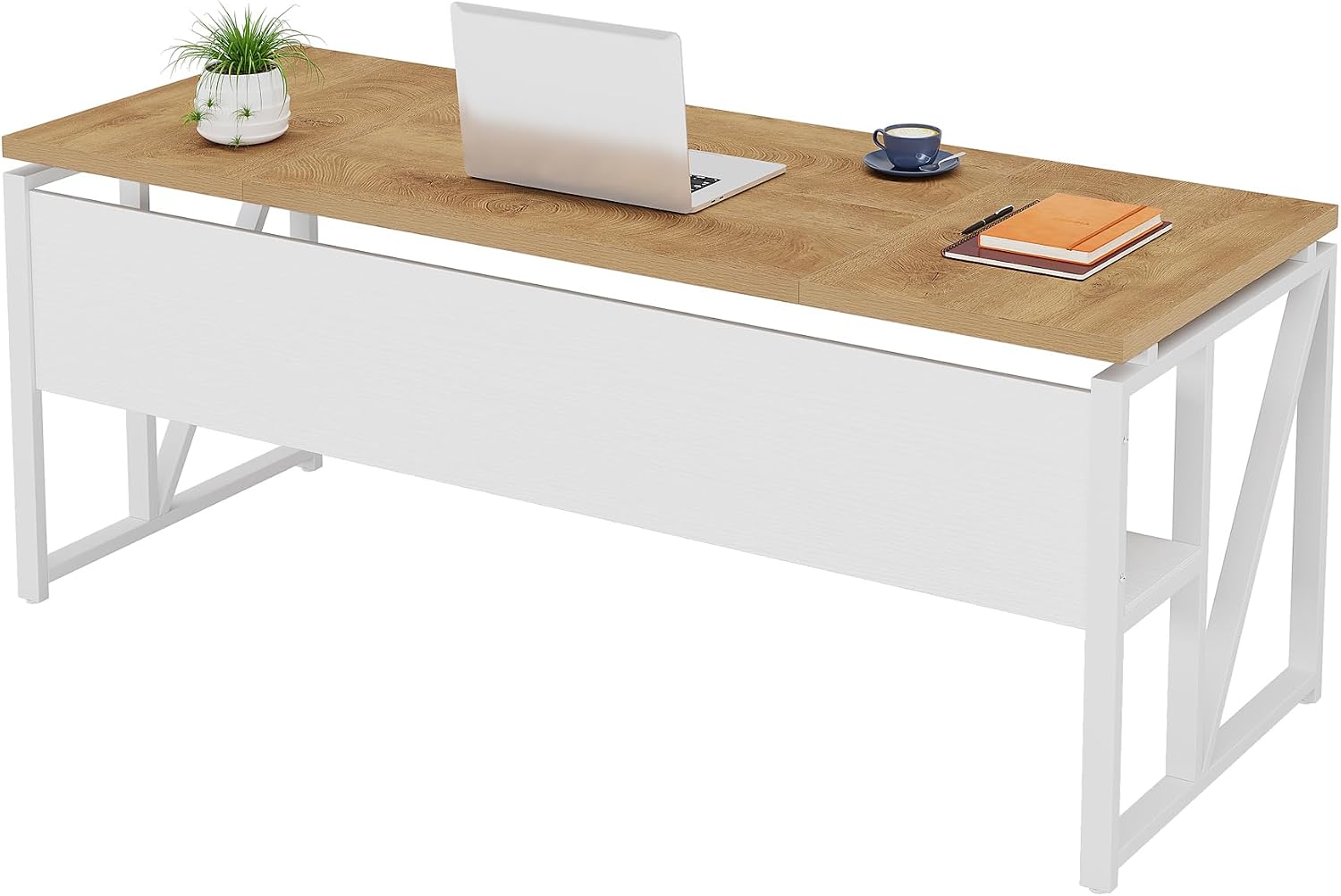 Tribesigns 63 inches Computer Desk with Bottom Storage Shelf Home Office Desk Writing Table for Workstation, Dark Walnut + Steel Leg, Cabinet not Included (Light Oak, 63-inch-with Shelf)