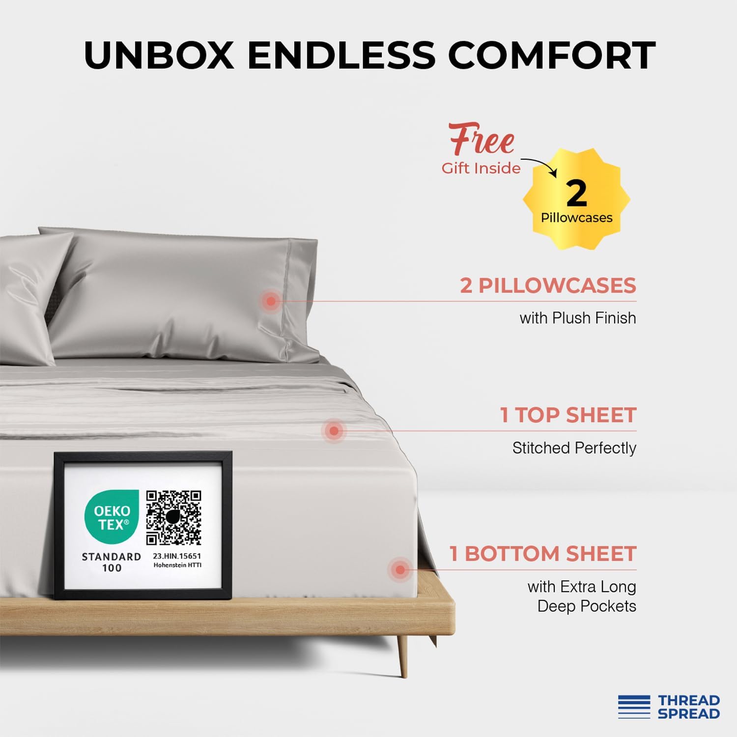 THREAD SPREAD 100% Egyptian Cotton Queen Sheets Set - 1200 Series Plush Collection Luxury Egyptian Cotton Sheets Queen Size Deep Pocket (4 PC, Light Grey), Soft, Cooling, Sateen Weave Sheet Set