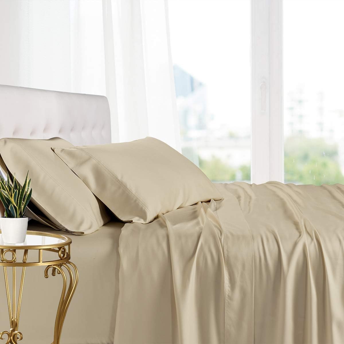 Royal Tradition Viscose from Bamboo Bed Sheets, Split California King, Solid Beige, Super Soft and Cool 5PC Sheet Set
