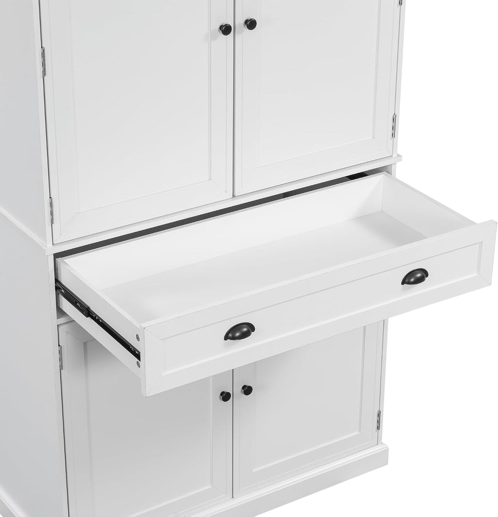 Freestanding 4 Doors Kitchen Pantry, Wood Kitchen Cupboard Storage Cabinet with 6 Door Shelves, Drawer and 3 Pull-Out Trays for Dining Room (White-4.14)