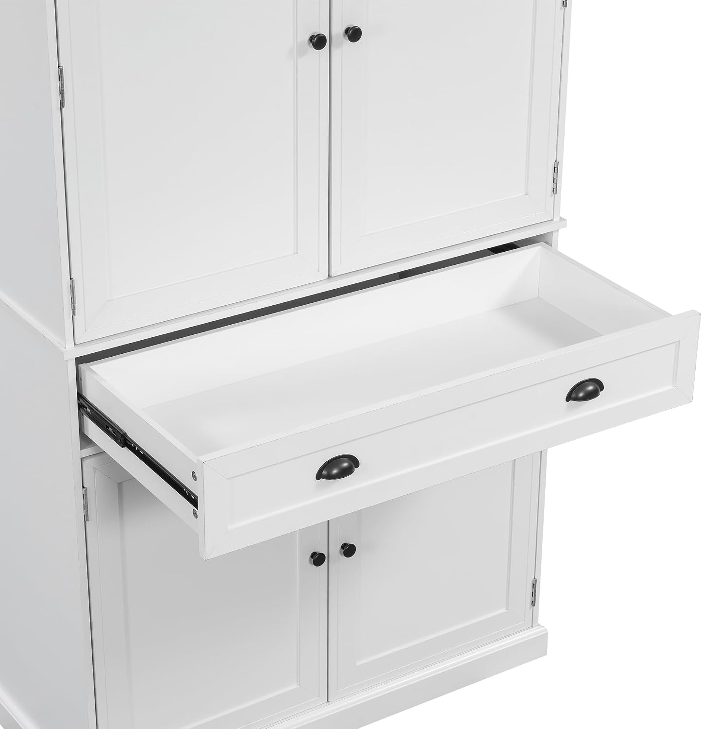 Freestanding 4 Doors Kitchen Pantry, Wood Kitchen Cupboard Storage Cabinet with 6 Door Shelves, Drawer and 3 Pull-Out Trays for Dining Room (White-4.14)