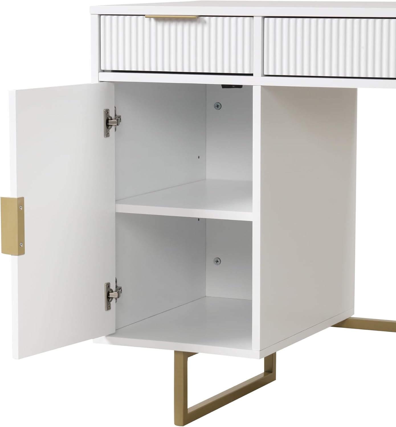 Nathan James Jacklyn White Modern Computer Desk, Workstation or Writing Desk for Small Spaces with Drawers and Cabinet Storage, White/Pale Gold