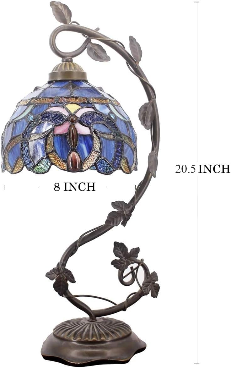 WERFACTORY Tiffany Lamp Cloudy Blue Stained Glass Table Lamp, Metal Leaf Base 8X10X21 Inches Reading Desk Light Decor Small Space Bedside Bedroom Home Office S558 Series
