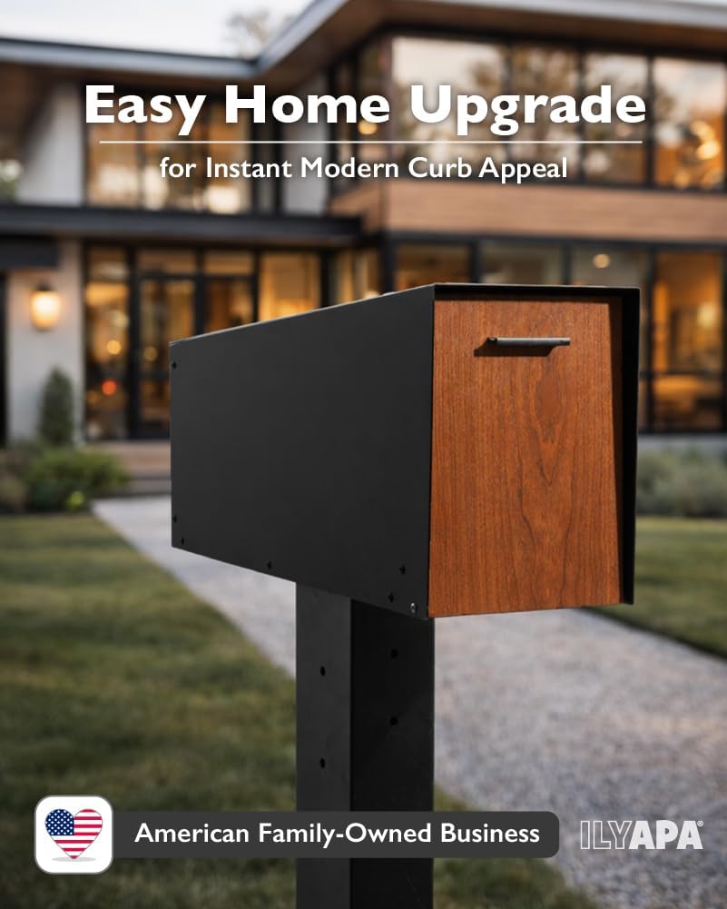 Ilyapa Modern Mailbox Post Mount - Large Mailbox for Outside - Black Metal Mail Box - Powder Coated Steel - All Weather Resistant