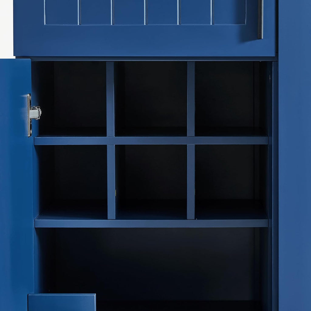 Modern Large Kitchen Pantry with 6 Doors, 53.2''Lx17.7''W Wood Storage Cabinet Cupboard with Drawers, Adjustable Shelves, Pull-Out Trays and Wine Rack for Dining Room (Blue-4.19)